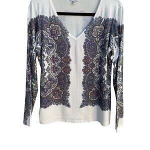 Cache Long Sleeve V-Neck Paisley Print Metal Beaded Stretch Shirt Blouse Top L